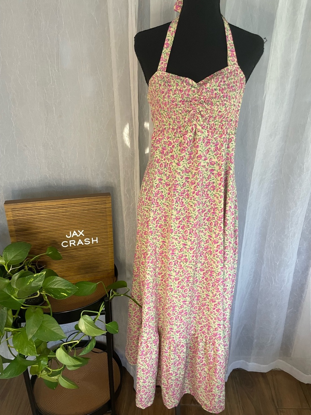 Smocked Halter Maxi Dress in Pink and Cream Floral